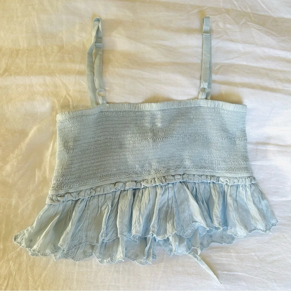 Aritzia Wilfred La Boheme Blue Babydoll Crop Top, Flowy Spaghetti Straps, Size M - Picture 3 of 7